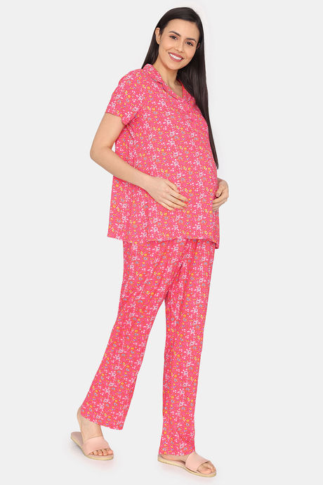 Zivame Maternity Floral Pop Woven Pyjama Set - Coral Paradise — image 4